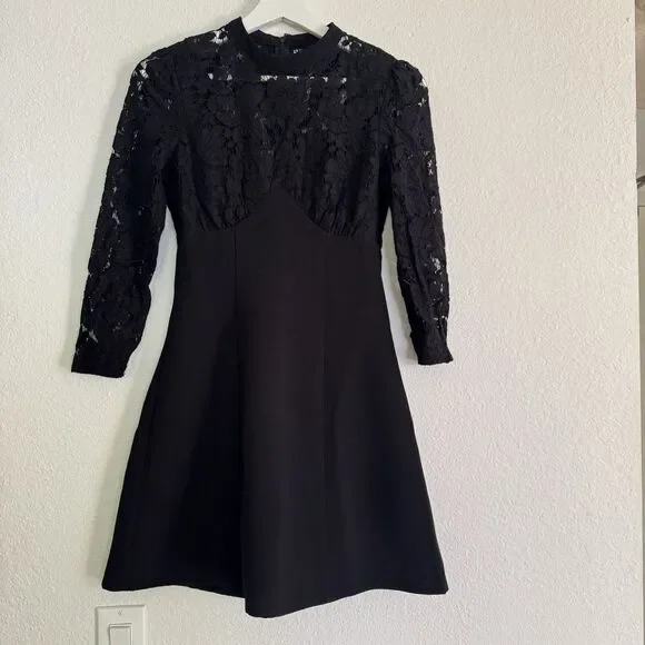 ASOS Mini Dress Black Sz 0 High Neck Skate Lace Insert & Lace Sleeves Stretch - Picture 11 of 16
